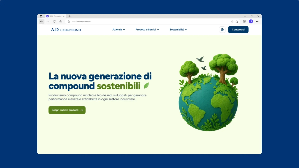 Pagina web hero di A.D. Compound con foto di un mondo sostenibile e natura.