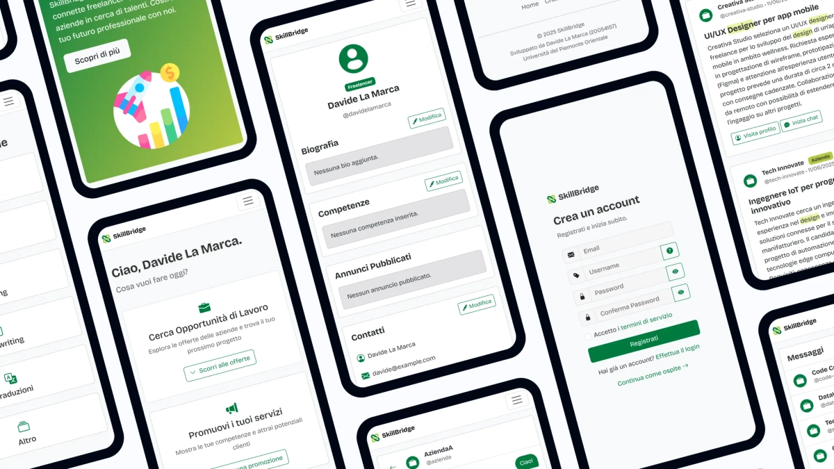 Schermata digitale di smartphone con app per cercare lavoro, profili e opportunità.